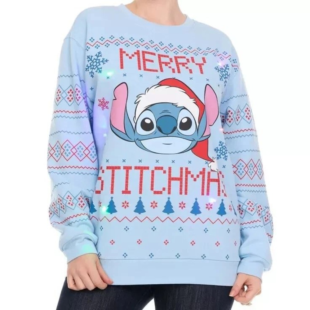 Disney Stitch Merry Stitchmas Light Up Christmas Sweatshirt Blue 2X New